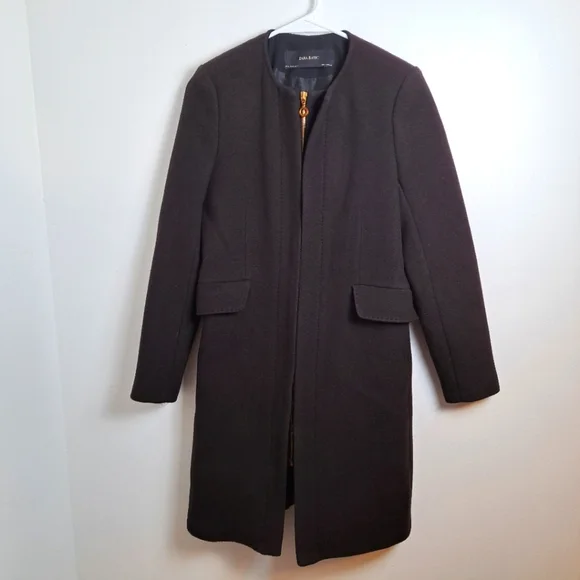 Zara Dark Taupe Wool Blend Long Zip Up Minimalist Dressy Peacoat Size XS - Picture 1 of 6